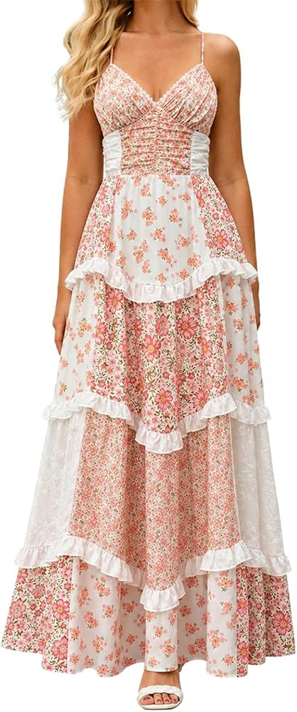 ABYOVRT Women Floral Maxi Dress Spaghetti Straps V Neck Patchwork Flowy Boho Sundress Tiered Long... | Amazon (US)