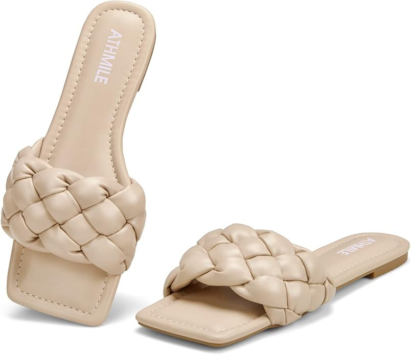 ATHMILE Braided Womens Sandals Square Open Toe Fashion Slide Sandals Women Dressy Summer Flat Bea... | Amazon (US)