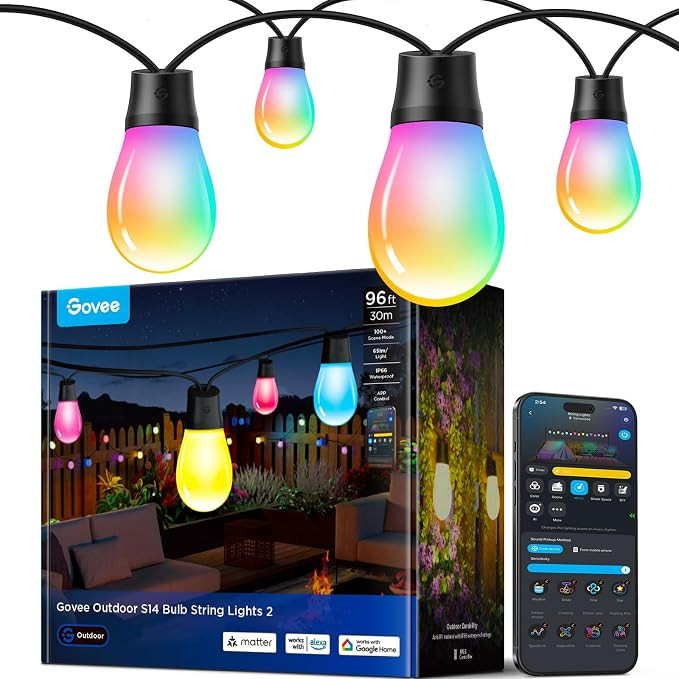 Govee S14 Bulb Outdoor String Lights 2, 96ft RGBICWW, 30 LED Bulbs, IP66 | Amazon (US)