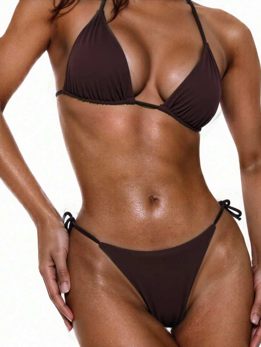 Oceva Solid Color Sexy Tie-Up Bikini Swimwear Set For Women, Beach Wear For Summer Beach Vacation | SHEIN