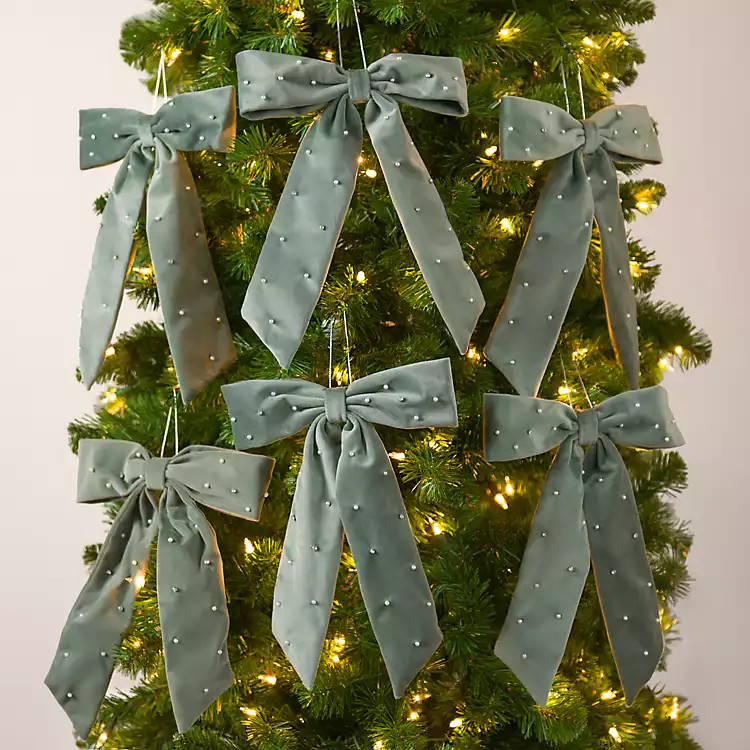 Sage Velvet Diamond Bow Ornaments, Set of 6 | Kirklands Home | Kirklands
