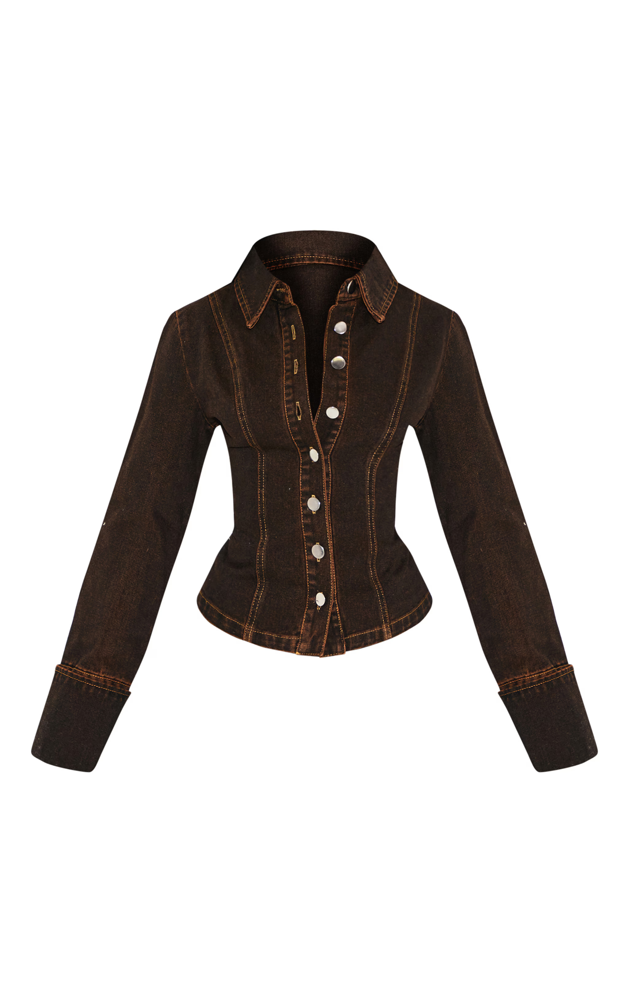 Petite Brown Long Sleeve Fitted Denim Shirt | Petite | PrettyLittleThing US