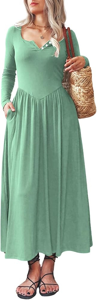 Long Sleeves Maxi Dress for Women A Line 2024 V Neck Casual Button Boho Tshirt Long Dress with Po... | Amazon (US)