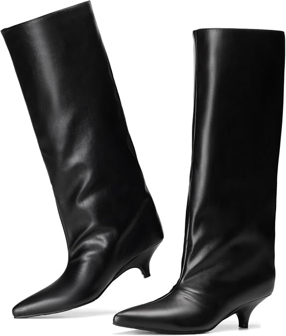 vivianly Knee High Boots for Women Pointed Toe Fold Over Black Boots Kitten Heel Comfortable for ... | Amazon (US)