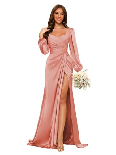 Dessiny Dusty Rose Long Sleeve Bridesmaid Dresses for Women 2025 High Slit Satin Long Ruched Sweetheart Formal Gown Evening Dresss US0 | Amazon (US)