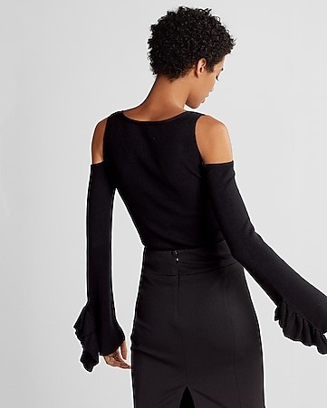 Ruffle Bell Sleeve Cold Shoulder Sweater | Express