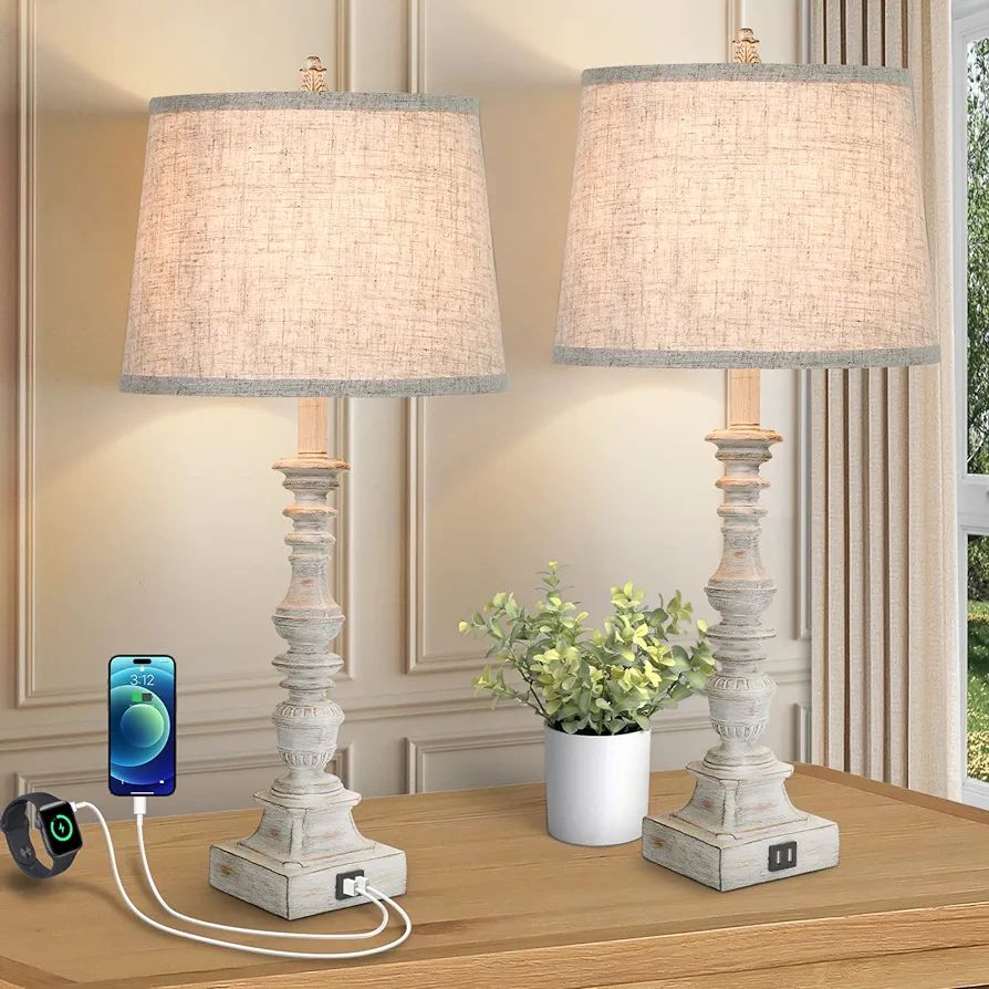 Set of 2 Farmhouse Table Lamps, 27.5'' Tall Rustic Bedside Lamps with 2 USB Ports, Beige Fabric S... | Amazon (US)