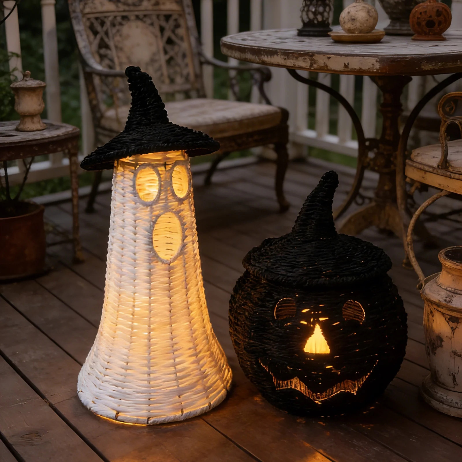 Handwoven Rattan Ghost Lantern with Witch Hat - 13.78 Inch White Wicker Ghost Decor, Light Up Halloween Decorations for Indoor Outdoor, Porch, Patio, Spooky Home Decor, Fall Harvest | Walmart (US)