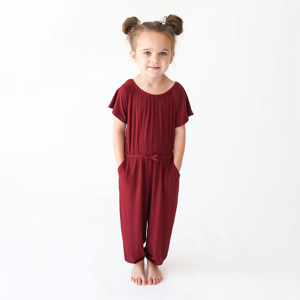 Ribbed Solids Red Flutter Sleeve Toddler Jumpsuit | Dark Cherry Ribbed | Posh Peanut