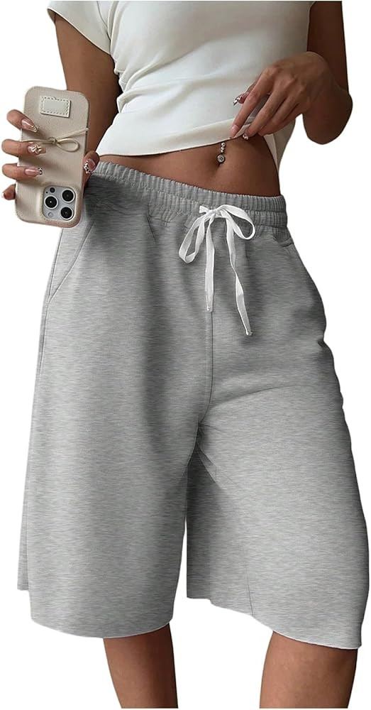 SHENHE Women's Wide Leg Sweat Shorts Drawstring Casual Lounge Sports Knee Length Bermuda Shorts | Amazon (US)