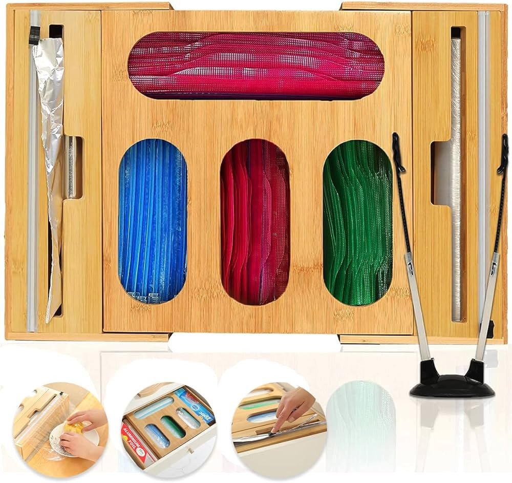IK Innovations Bamboo Ziplock Bag Organizer for Drawer 7-In-1 Expandable Foil and Plastic Wrap Or... | Amazon (US)