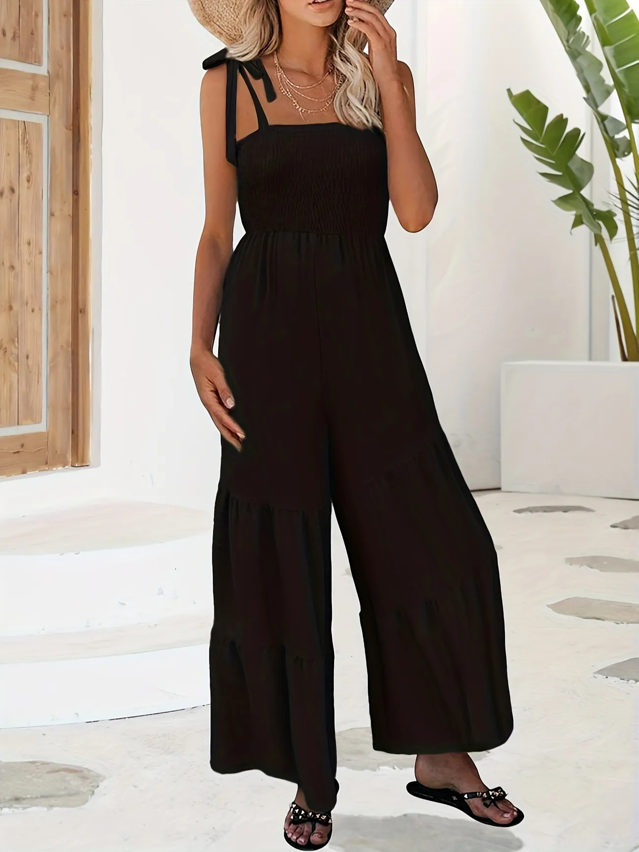 Solid Overall Wide Leg Jumpsuit Casual Shirred Overall Cami Jumpsuit For Spring Summer Womens Clo... | Temu Affiliate Program