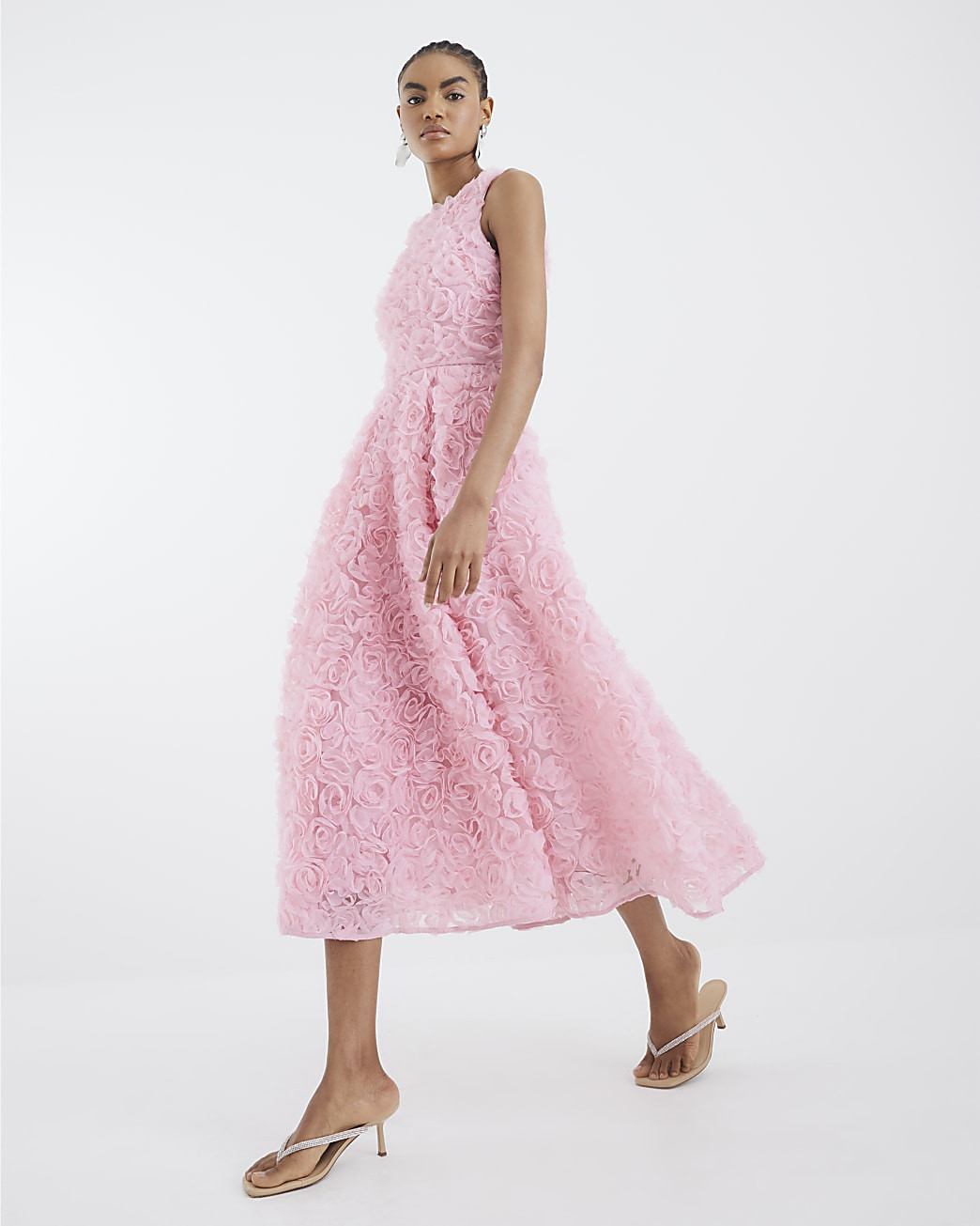 Pink 3D Floral Occasion Midi Dress | River Island UK & IE