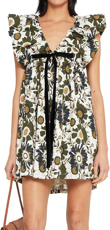 hibshaby Women's Floral Print Mini Dress V Neck Puff Sleeve Dress Short Babydoll Bow Dress | Amazon (US)