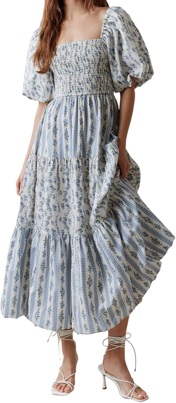 Women's Summer Floral Maxi Dress Puff Short Sleeve Smocked Square Neck Flowy Boho Long Sundress f... | Amazon (US)