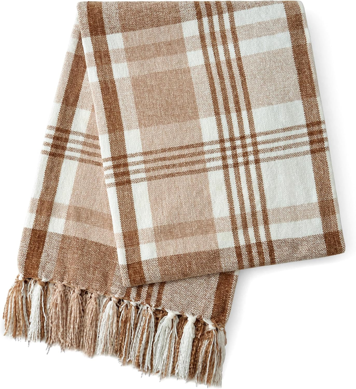 Carriediosa Chenille Throw Blanket Knotted Tassels 50x60, Light Brown Plaid | Amazon (US)