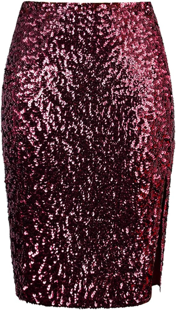 Vijiv Women's Sequin Skirt Midi High Waist Elegant Stretchy Sparkle Side Slit Pencil Skirt Party ... | Amazon (US)