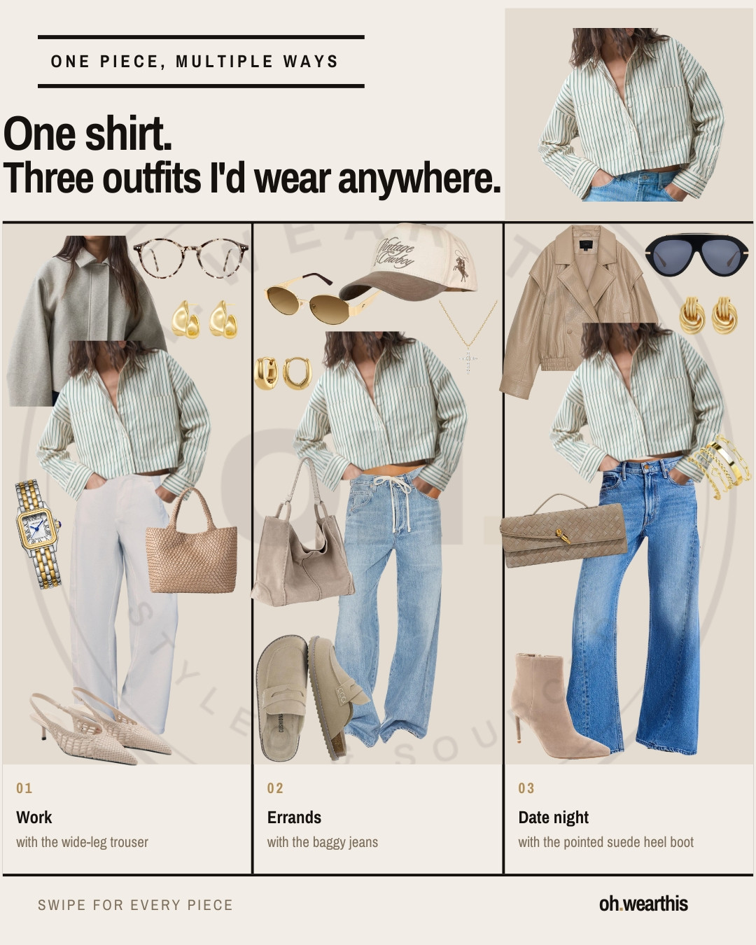One shirt, three completely different plans. 🤍 

Proof that the best pieces in your closet are the ones you can actually wear everywhere.

Styled three ways: work, running errands + date night — from wide-leg trousers and heels to relaxed denim and everyday layers. Save this one for the next time you’re staring at your closet thinking you have nothing to wear.

Everything from all three looks is linked in LTK

#LTKStyleTip #LTKFinds #LTKSeasonal #falloutfits #fallstyle #outfitideas #capsulewardrobe #everydaystyle #workwear #datenightoutfit #casualoutfit #wardrobeessentials 

 #LTKgrwm #LTKootd #LTKSeasonal