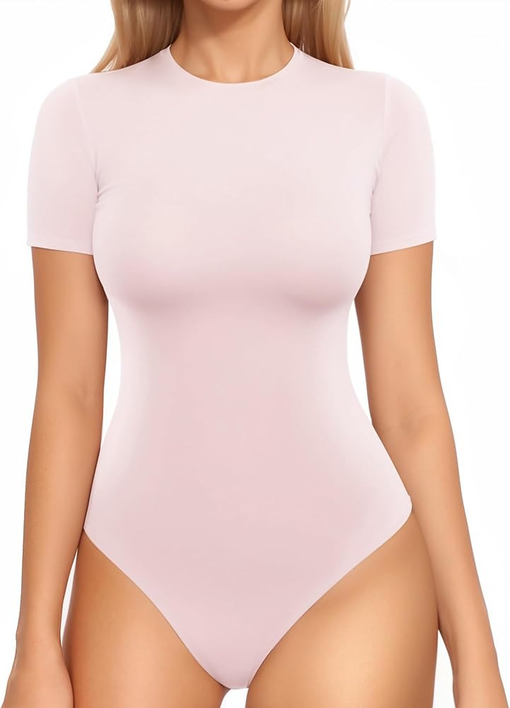 MANGOPOP Womens Short Sleeve Bodysuit Crew Neck Double Lined T-shirt Tops Second Skin Bodysuit Co... | Amazon (US)