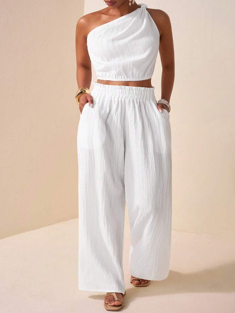 Veslaya White,Summer,Silky,Holiday,Vacation,Holiday Plus Size Women's Set Twist Knot Cropped Top ... | SHEIN