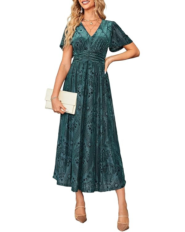 Simplee Women’s V Neck Velvet Maxi Dress Short Sleeve Empire Waist Long Formal Dress for Weddin... | Amazon (US)