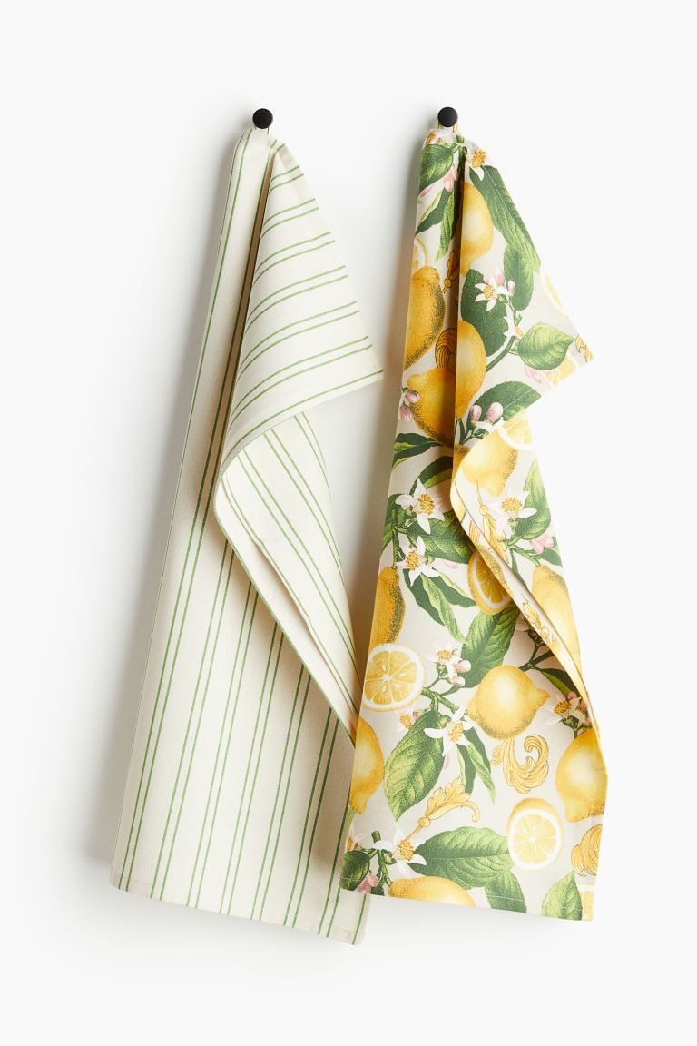 2-pack Printed Tea Towels - Natural white/lemons - Home All | H&M US | H&M (US + CA)
