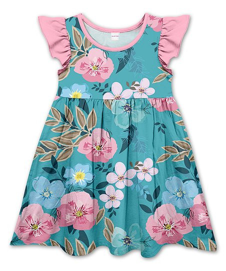 Penelope Plumm Turquoise & Pink Floral Angel-Sleeve Dress - Toddler & Girls | Zulily
