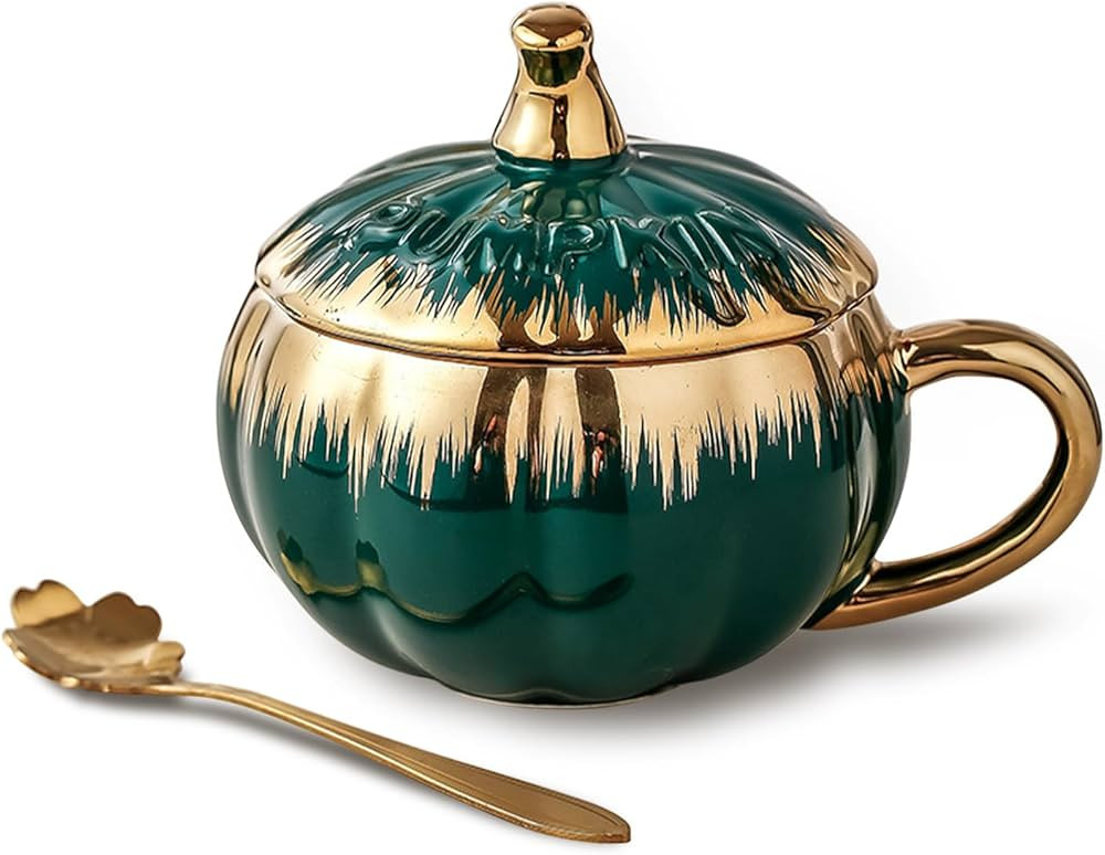 Ceramic Coffee Mug with Spoon & Lid, 10.5 oz Unique Porcelain Coffee Mug with Gold Trim, Large El... | Amazon (US)
