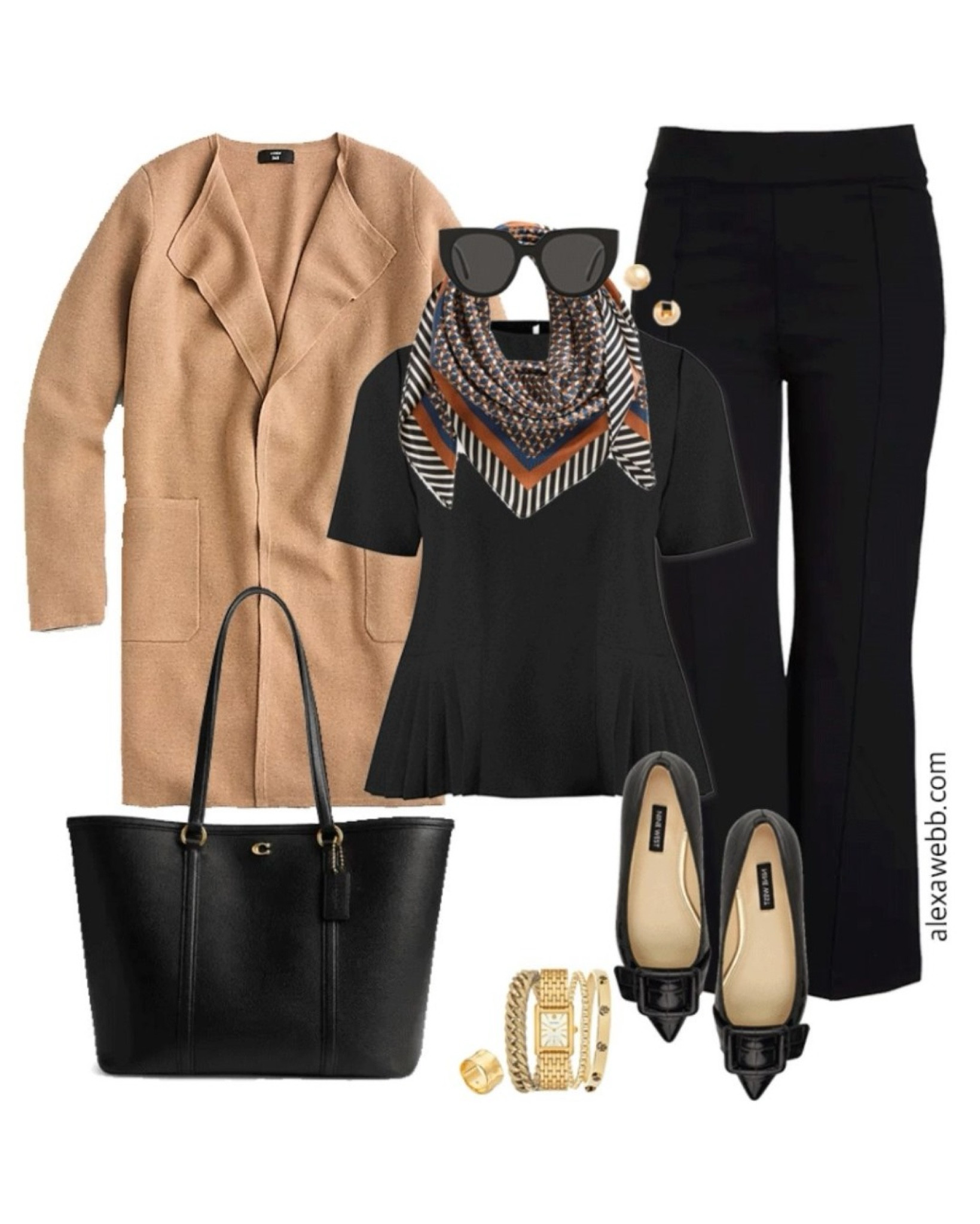 Plus size fall business casual work capsule wardrobe with sweater cardigan, scarf, black blouse and black flare pants. Alexa Webb 

#LTKStyleTip #LTKPlusSize #LTKWorkwear