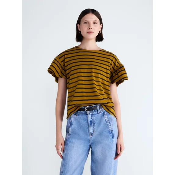 Free Assembly Women's Cotton Crewneck Top with Flutter Sleeves, Sizes XS-XXL | Walmart (US)