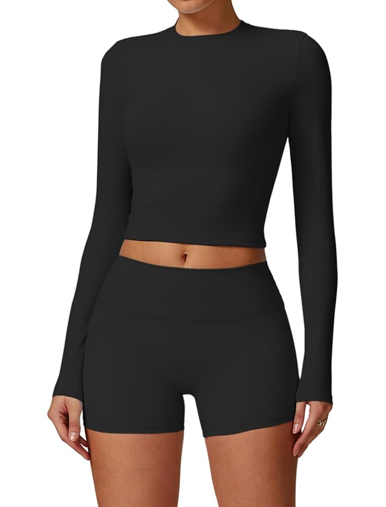 Womens Workout Sets Two Piece Long Sleeve Top Matching High Waist Shorts Sets Fall Winter Gym Wor... | Amazon (US)