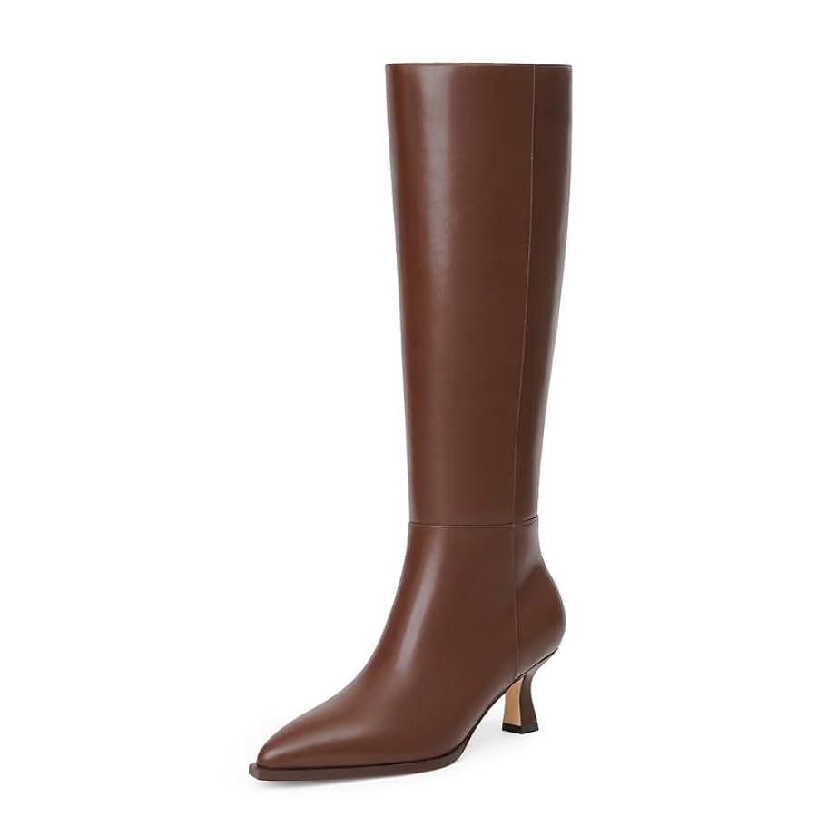 Modatope Knee High Boots Kitten Low Heel Faux Leather Pointed Toe Side Zipper Fall Long Tall Boot... | Amazon (US)