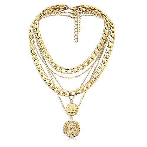Cysincos Gold Layered Necklaces for Women Chunky Choker Link Chain 14K Golden Plated Pendant Necklace Handmade Dainty Layering Poppy Lotus Rose Necklaces Jewelry Birthday Gifts (Golden Retro Coin) | Amazon (US)