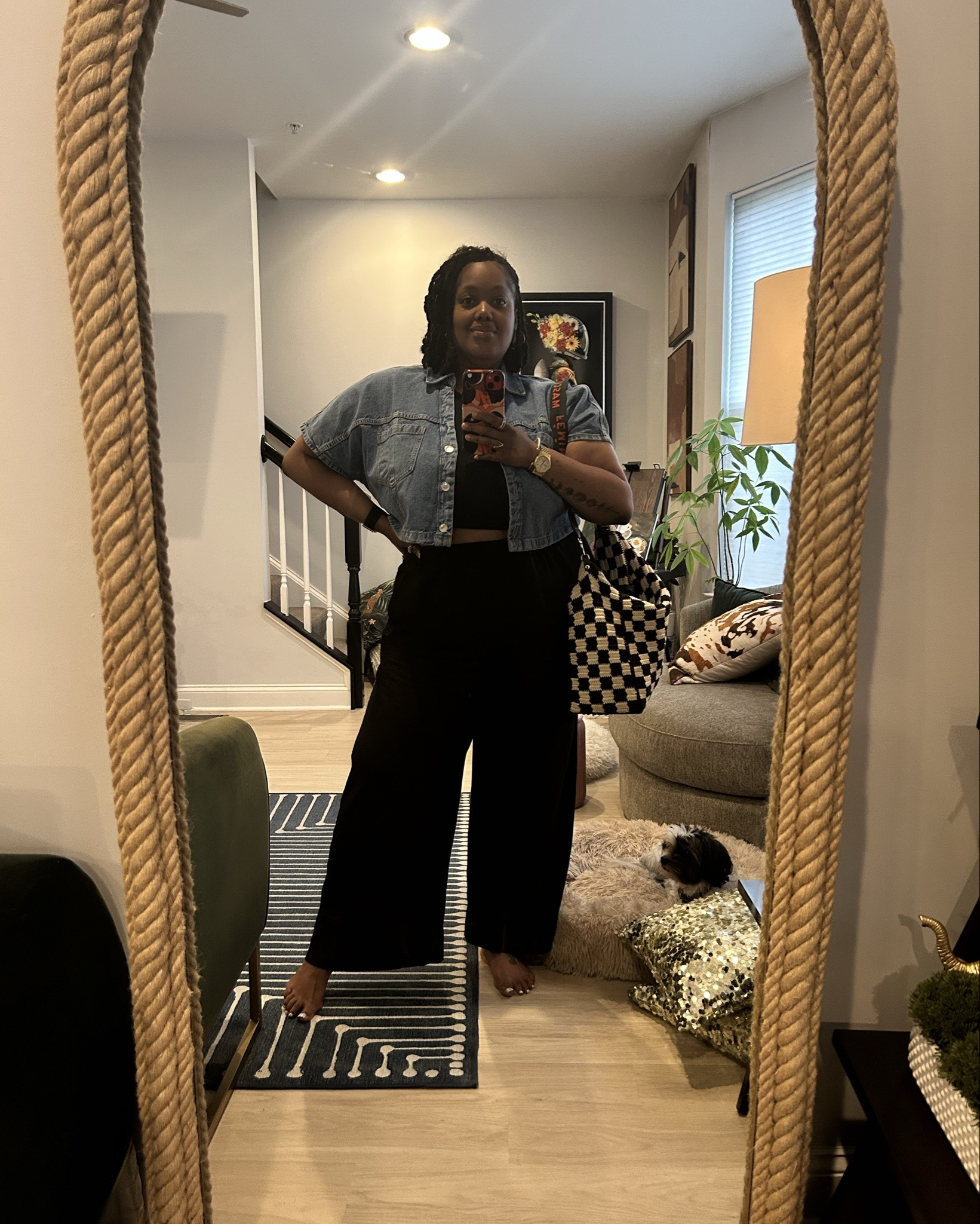 I’d been on the hunt for a floor mirror for my living room. Found the perfect one! I love the arch and there details. Prepare to see my OOTDs from this view going forward ☺️. 

Outfit Details:
- Cropped jacket is from @Zara in CL- wasn’t able to tag it, so tagging similars below. 
- Exact Clare V bag tagged below
- Linen pants are an H&M find from last season they I couldn’t wait to pull back out the closet 💕

#LTKootd #LTKOver40 #LTKHome