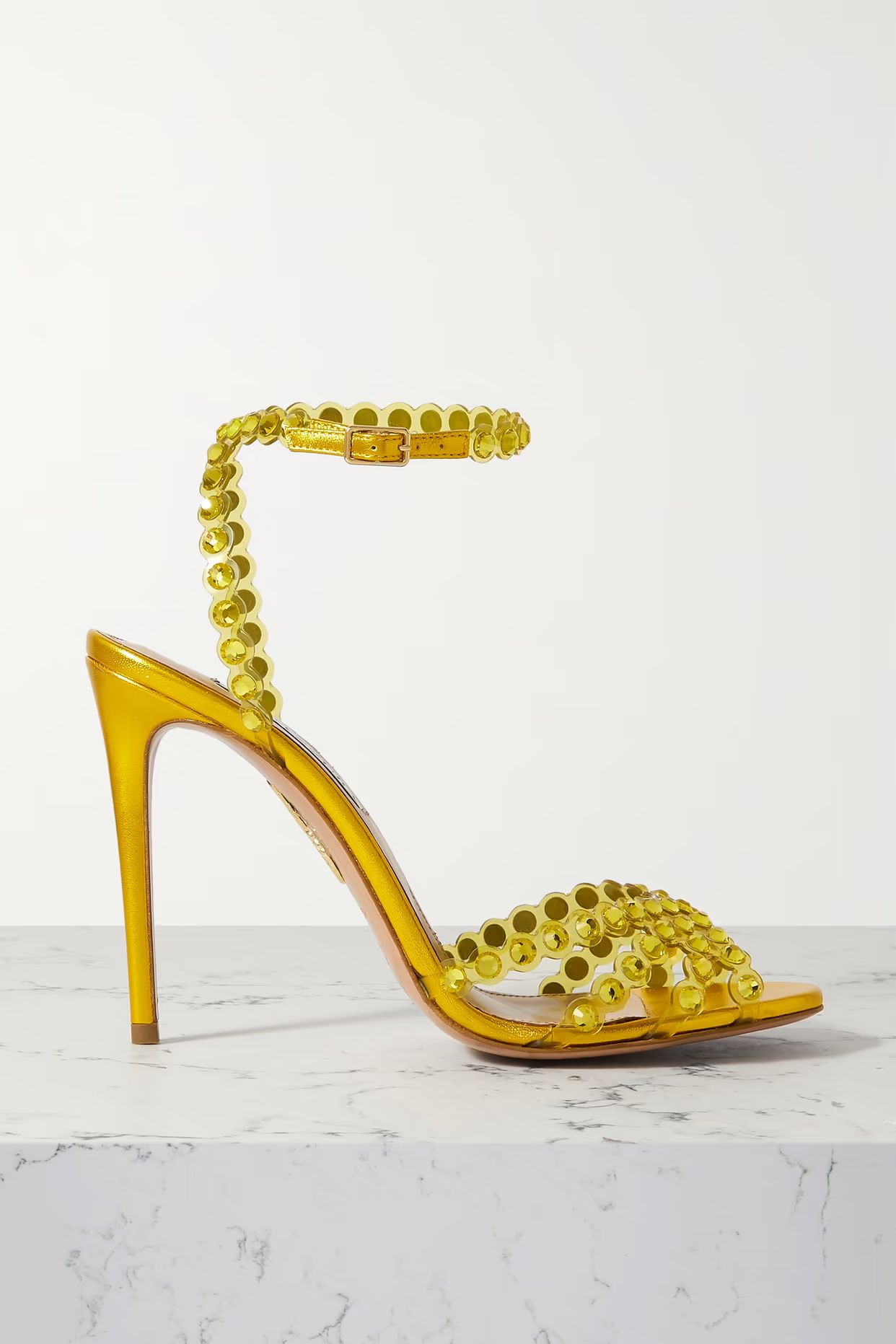 Aquazzura - Tequila 105 Metallic Leather-trimmed Crystal-embellished Pvc Sandals - Yellow | NET-A-PORTER (US)