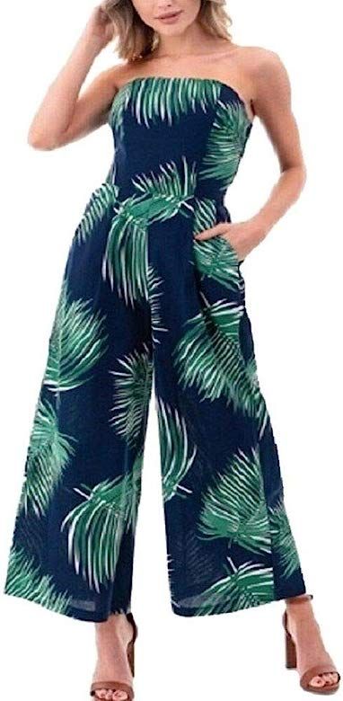 Women's Navy Tropical Leaf Print Strapless Smocked Back Jumpsuit | Amazon (US)