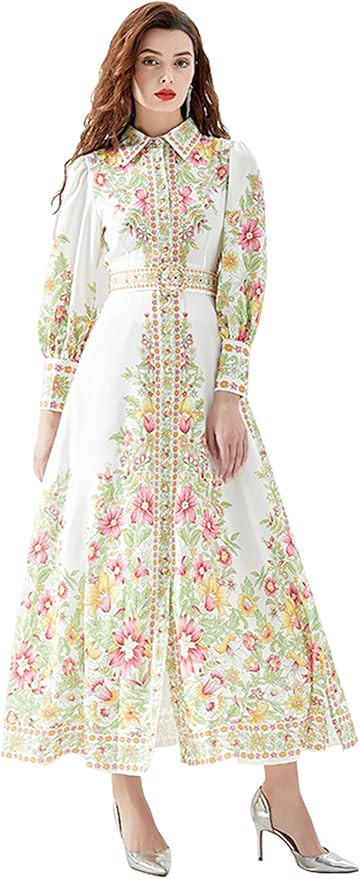 LAI MENG FIVE CATS Women's Vintage Floral Print Belt Maxi Dress Flowy Casual Button Up Split Long... | Amazon (US)