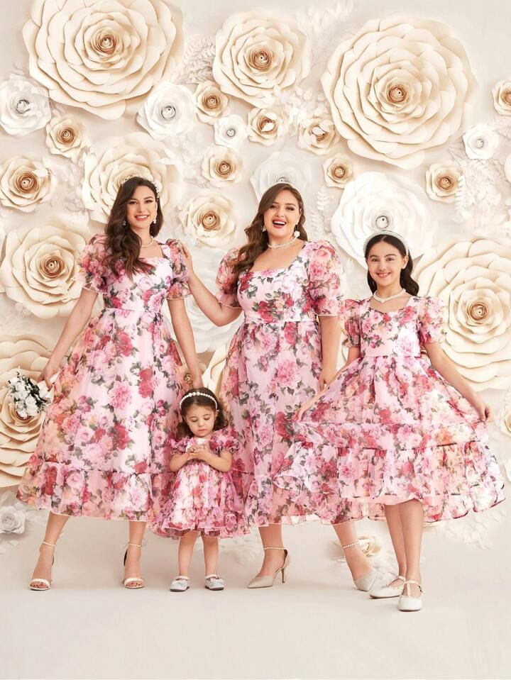 SHEIN Mother & Baby Girls' Floral Pattern Organza Ruffle Sleeve Dress | SHEIN