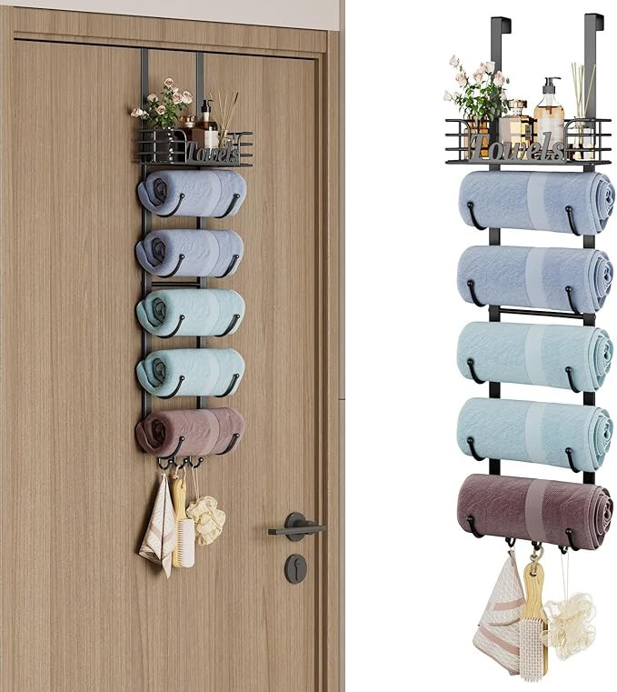 Over The Door Towel Racks for Bathroom,6 Tier Towel Rack Wall Mounted with Metal Shelf and Hooks,... | Amazon (US)
