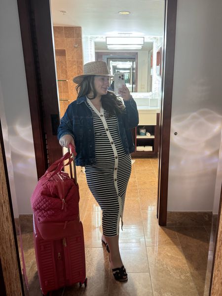 Travel outfit at 33 weeks pregnant!🚗

Cutest luggage set also linked!
Dress size small
Jacket size xs (runs big)
Shoes TTS
Hat sm/med

Amazon fashion, free people fashion, travel fashion, maternity

#LTKBump #LTKFindsUnder50 #LTKTravel