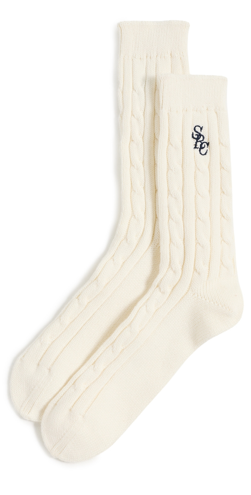 Sporty & Rich Cable Knit Socks Ecru Navy One Size | Shopbop