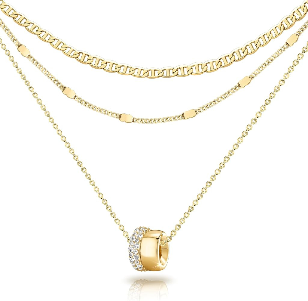 OGD Layered CZ Rondelle Pendant Necklaces for Women, 14K Gold Plated Trendy Mariner Chain Dainty ... | Amazon (US)