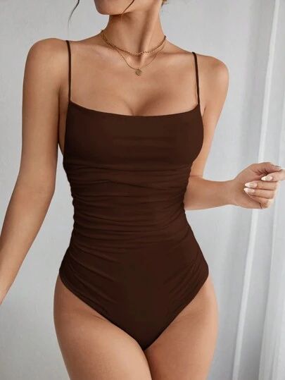 SHEIN PETITE Women Solid Ruched Cami Summer Slim Fit Bodysuit SKU: sz2403288465638033











... | SHEIN