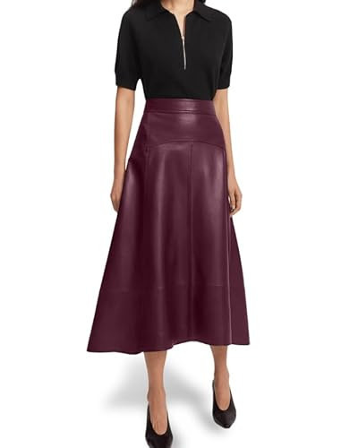 Jild Real Lambskin Leather Skirts for Women High Waist Classical Mid Length Going Out Skirt with Stylish Patchwork (Skirt-Burgundy-3XL) | Amazon (US)