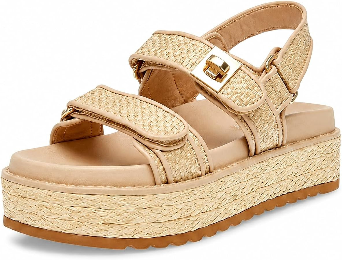 heelchic Womens Platform Raffia Sandals with Cushioned Footbed Beach Shoes | Amazon (US)