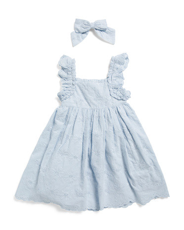 Toddler Girls Scalloped Eyelet Dress With Hair Bow | Cotton | Marshalls
