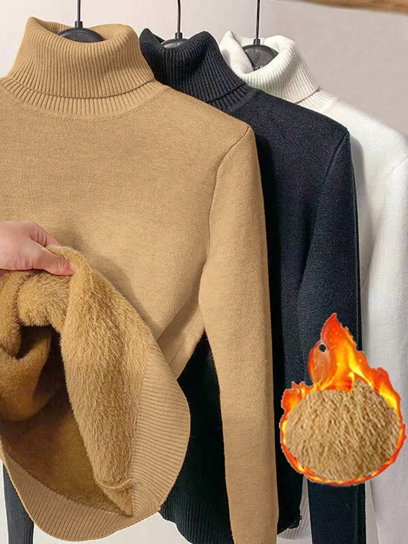 SHEIN Essnce 3pcs Solid High Neck Long Sleeve Basic Brushed Fleece Lined Sweater | SHEIN