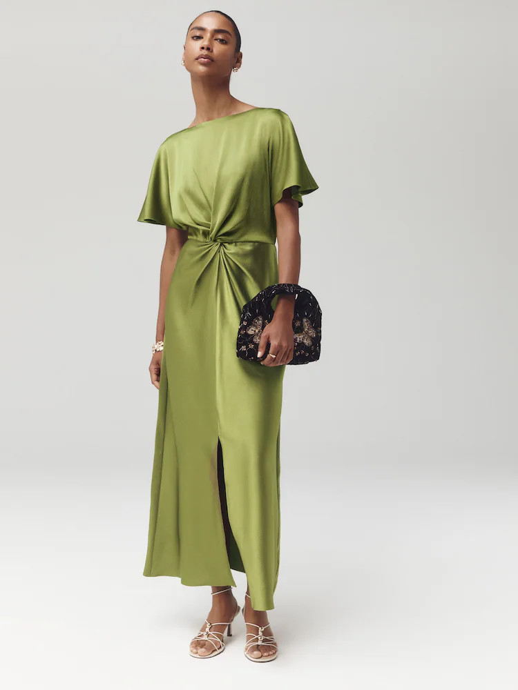 Green Satin Short Sleeve Twist Front Midi Dress | Next EU