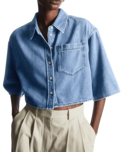 Womens Crop Denim Shirt Half Sleeve Button Down Short Jean Jacket Top with Pocket Light Blue | Amazon (US)