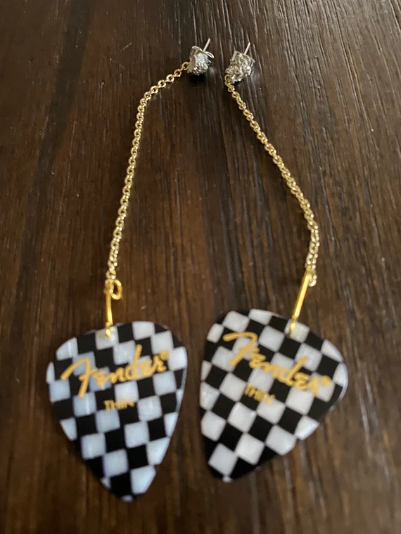 Black and White Checkered Fender Guitar Pick on Gold Metal Chain with Pyrite Studs | Etsy (US)